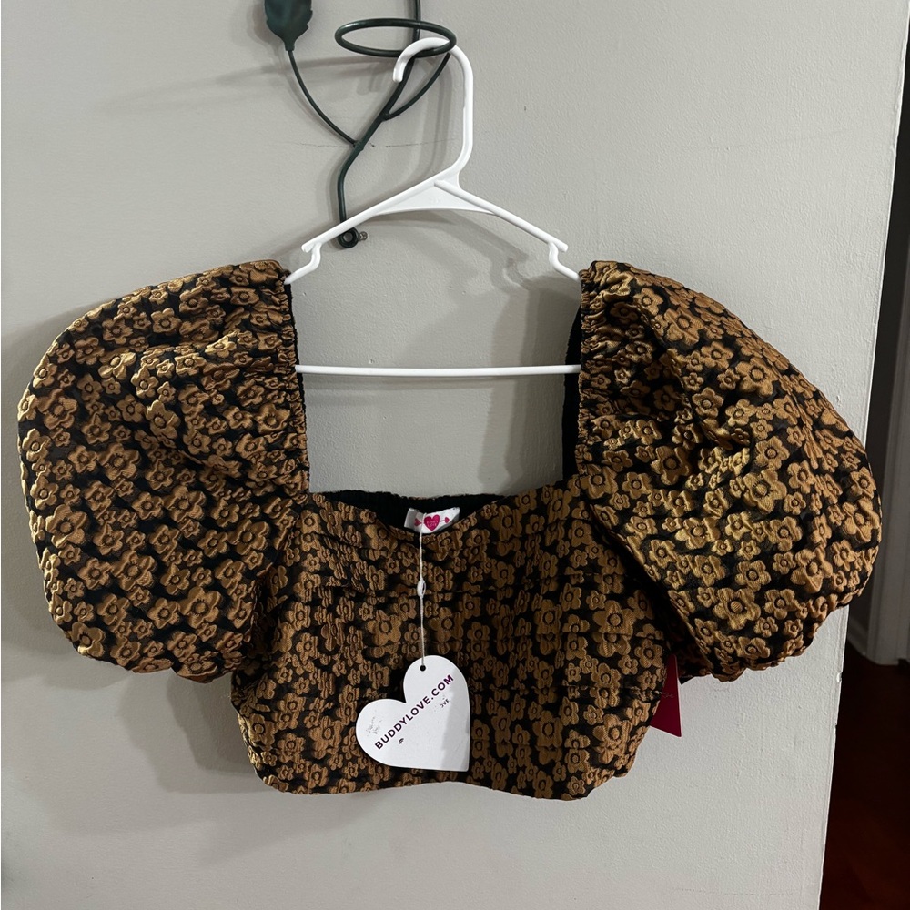 Buddy Love Gold and Black Floral Puff Sleeve Blouse Size Medium NWT